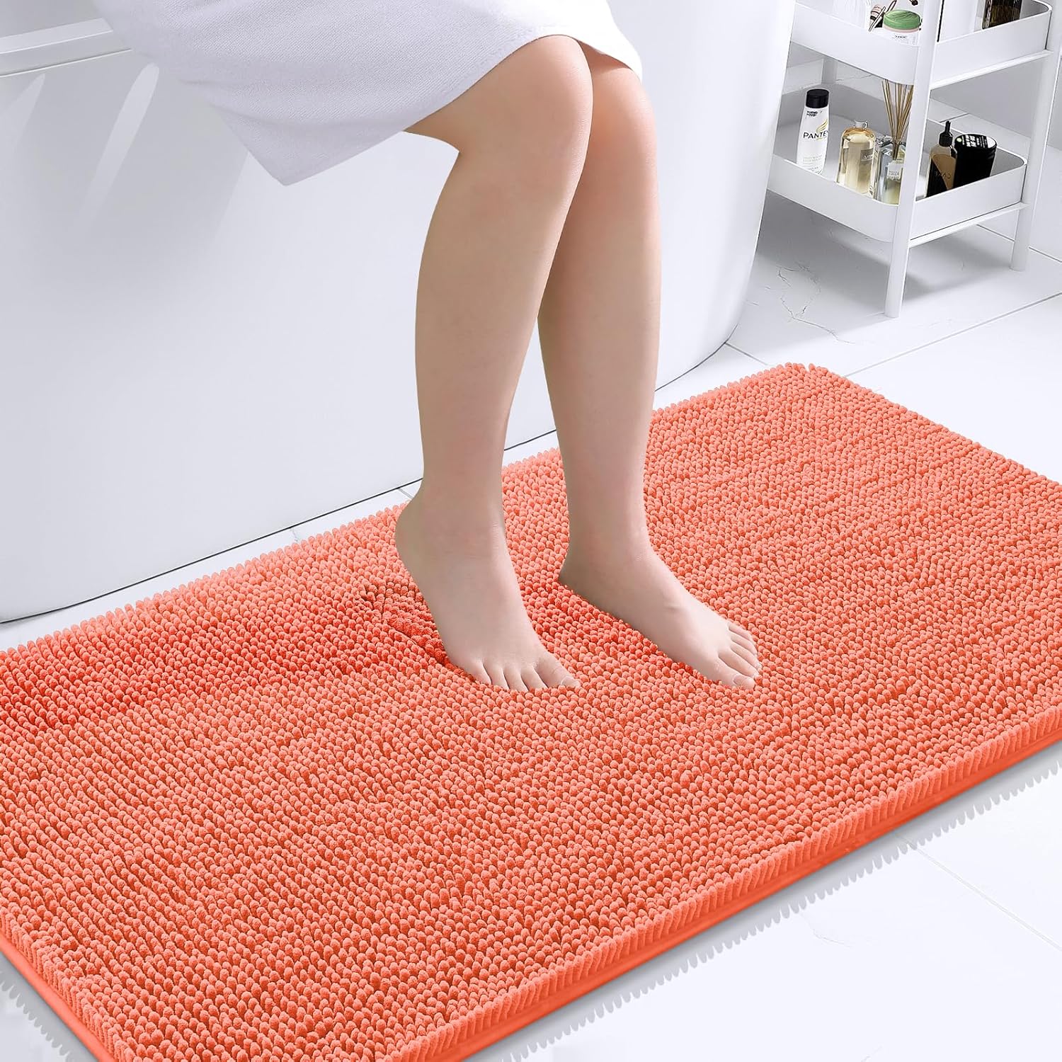 OLANLY Bathroom Runner Rugs - Extra Soft Chenille Bath Mats | Quick Dry, Machine Washable, 44x24, Coral