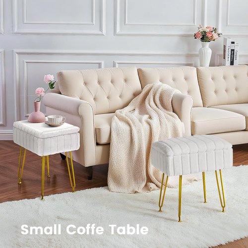 FUXA Vanity Stool Chair with Storage, White Faux Fur Makeup Chair with 4 Metal Legs and Anti-Slip Feet, Soft Padded Seat, Small Footrest Footstool Ottoman, Multifunctional Stool for Bedroom
