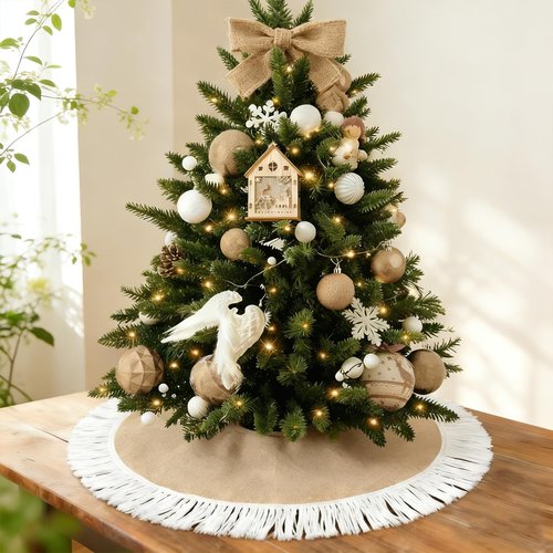 Yuboo 24" Burlap Spring Tree Skirts with Tassel, Brown Rustic Farmhouse Jute Linen Christmas Tree Skirt for Holiday Party Farmhouse Home Decor Ornaments