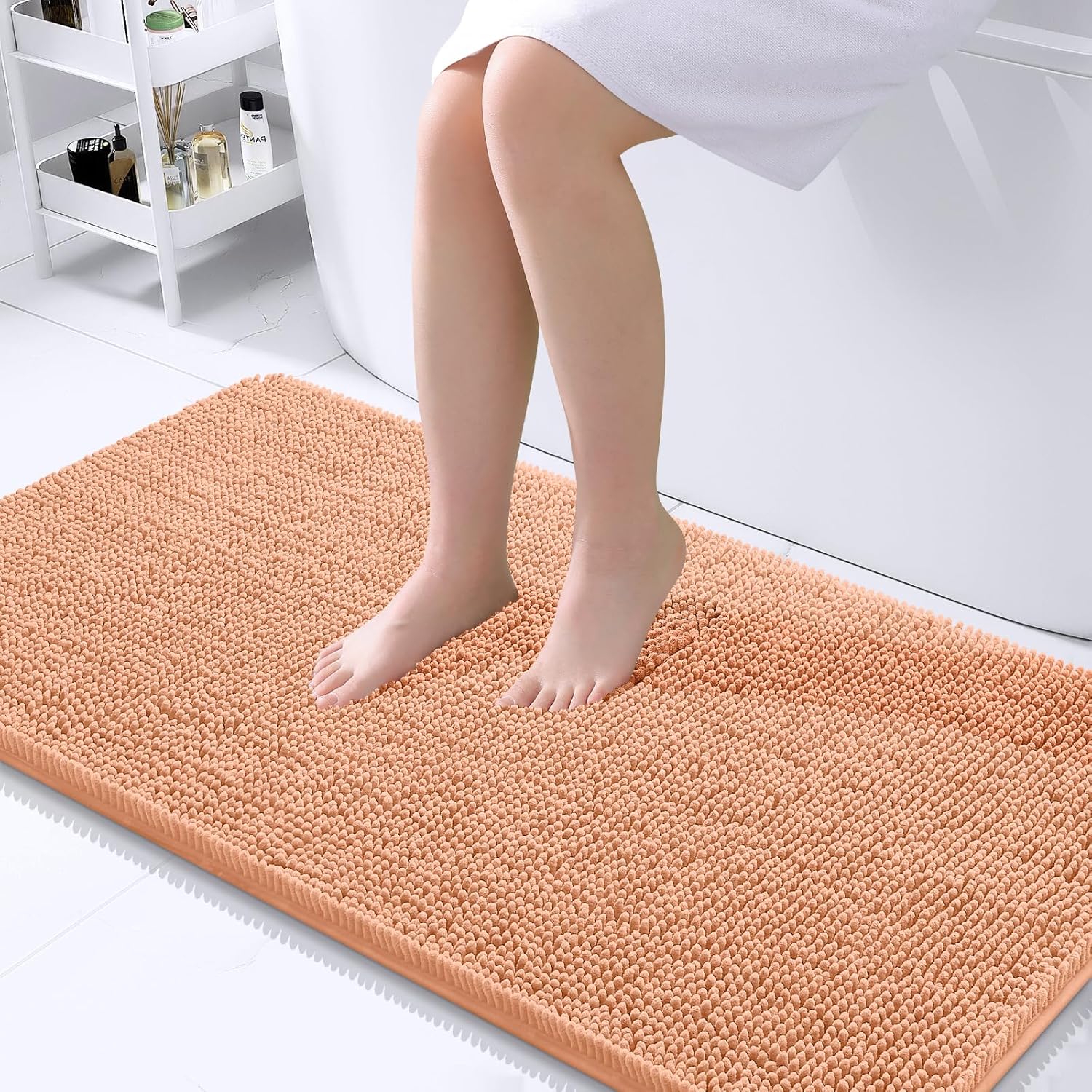 OLANLY Bathroom Runner Rugs - Extra Soft Chenille Bath Mats | Quick Dry, Machine Washable, 44x24, Peach