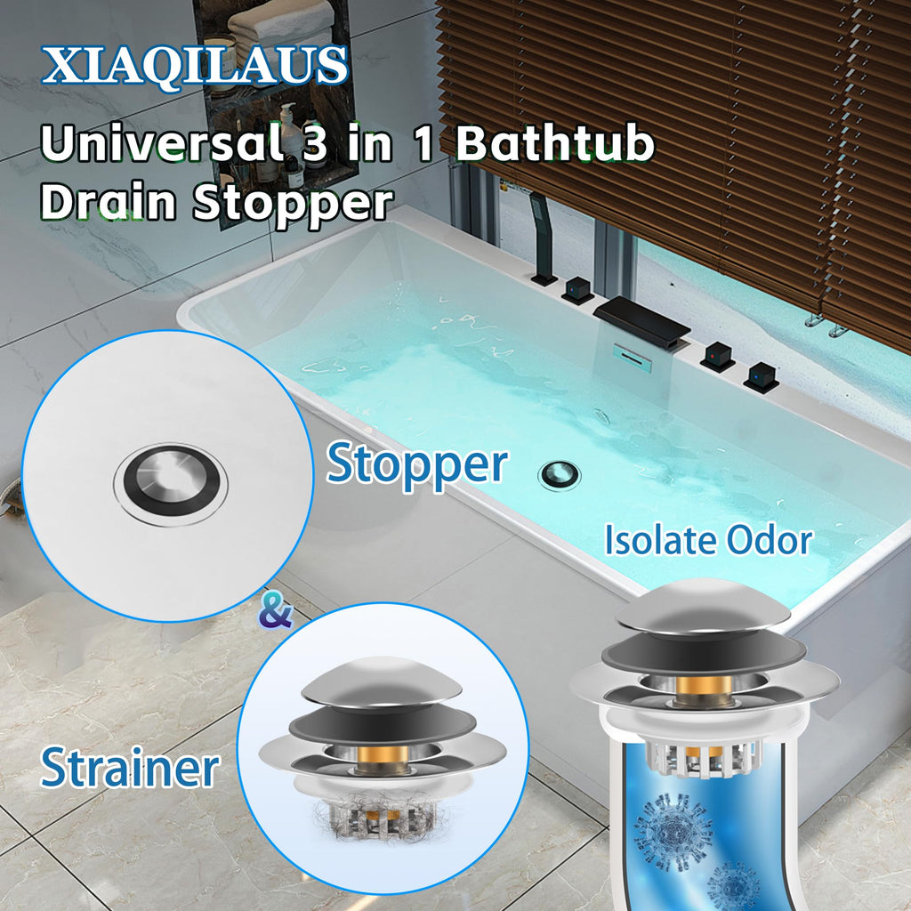 Universal 3 in 1 Bathtub Drain Stopper, Pop up Tub Stopper Bathtub Drain with Filter Basket, Anti-Clogging Bath Tub Drain Stoppers Fit 1.45-1.8” Hole,Bathtub Drain Hair Catcher
