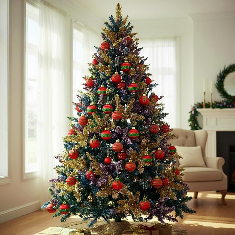 Poen 24-Piece Red & Green Christmas Ornaments Set - Satin Silk Finish, 3 Sizes (1.6/2.4/3.2 in) - Includes Hanging Ropes