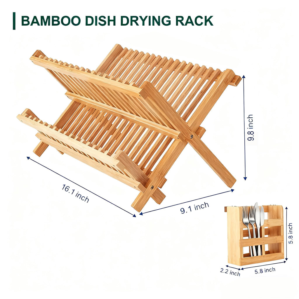 QUEENKAY Dish Drying Rack Collapsible 2-Tier Bamboo Dish Rack for Kitchen Counter Wooden Dish Drainer with Foldable Space-Saving Design for Dishes, Plates, and Cups