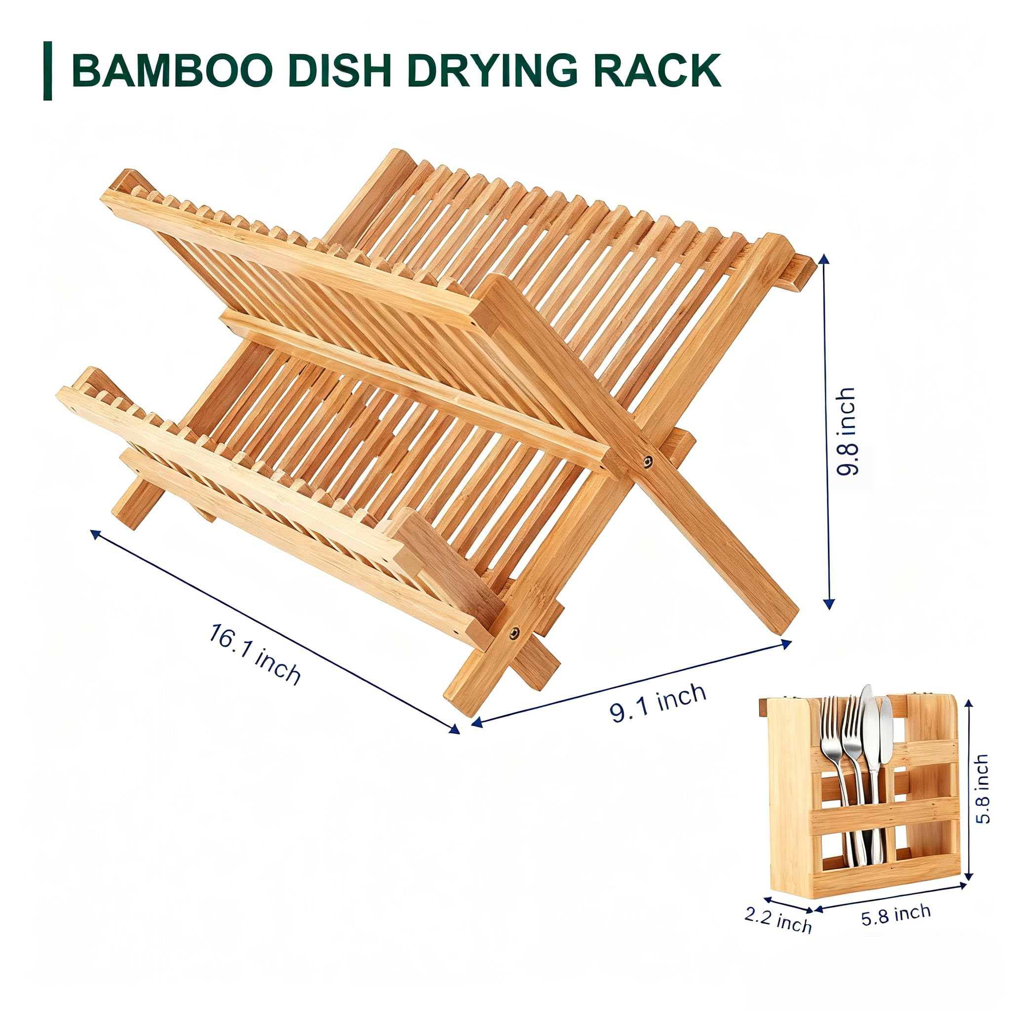 QUEENKAY Dish Drying Rack Collapsible 2-Tier Bamboo Dish Rack for Kitchen Counter Wooden Dish Drainer with Foldable Space-Saving Design for Dishes, Plates, and Cups