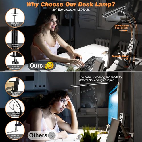 Airlonv LED Desk Lamp - Eye-Caring Adjustable Gooseneck Light with Stepless Dimming | 10W USB Clamp Lamp (Black)