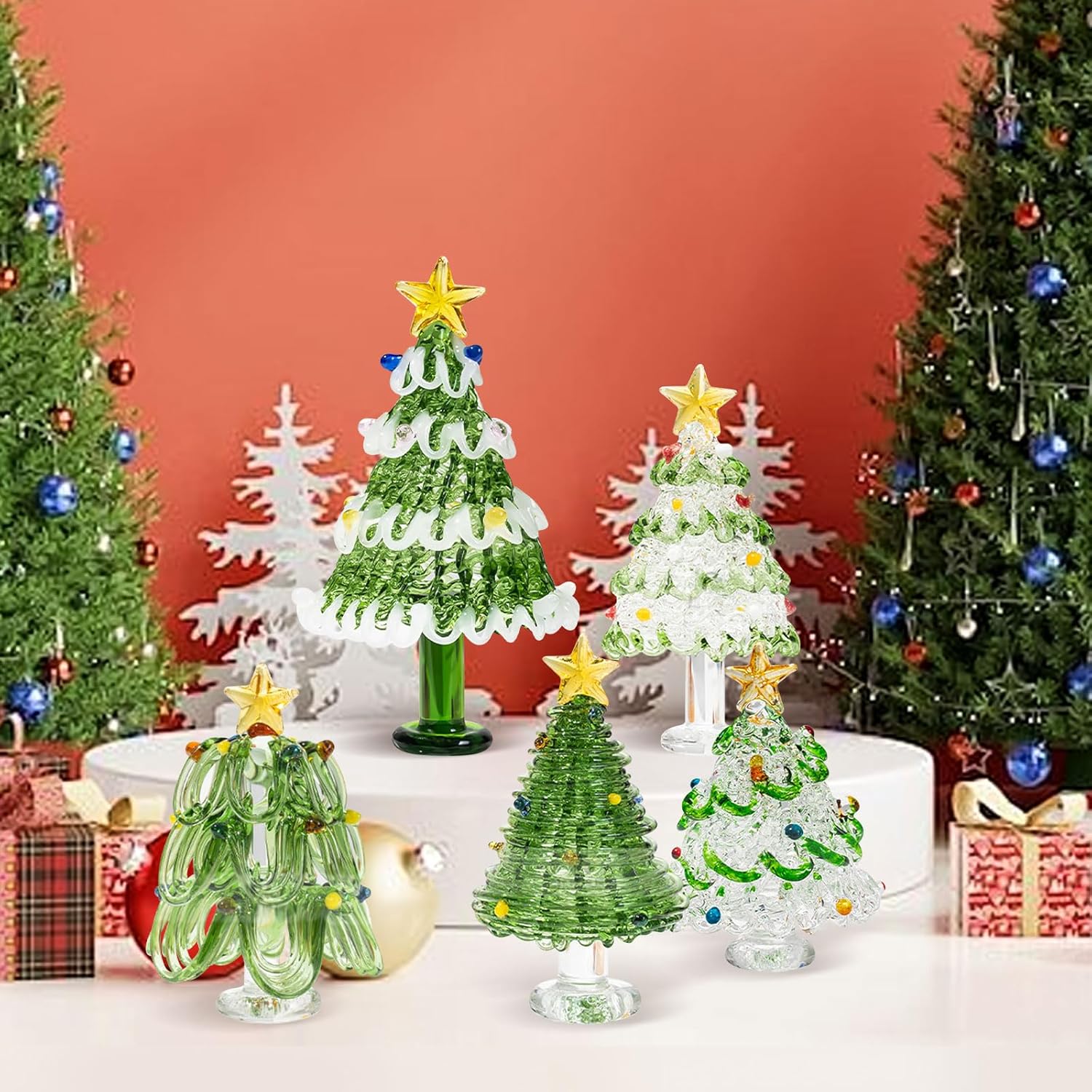 Skiennix Mini Crystal Christmas Tree Figurine - Hand Blown Glass for Festive Home Decor | Winter Ornament