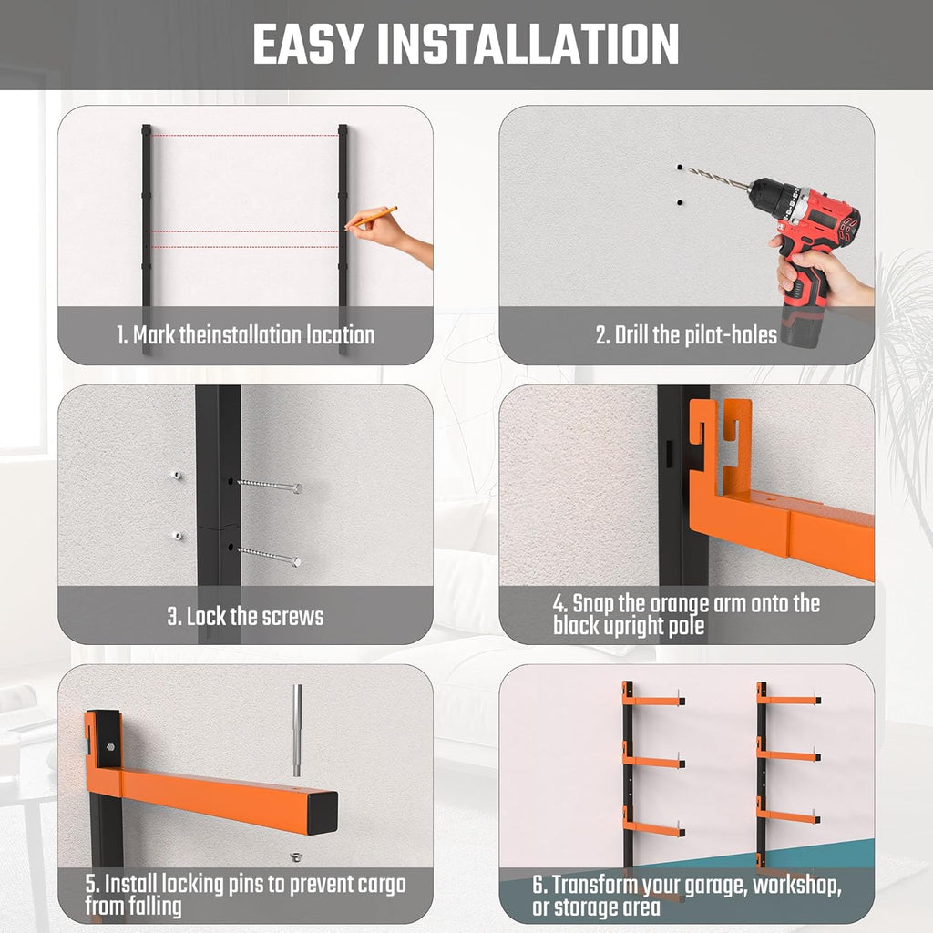 Snap-Fit Lumber Rack | Heavy-Duty Metal Wall Mount Storage for 32-Inch Wood - 8 Levels
