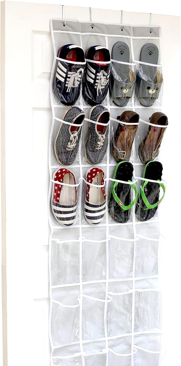 Simple Houseware 24 Pockets - Over The Door Hanging Shoe Organizer | Crystal Clear, Gray (64'' x 19'')