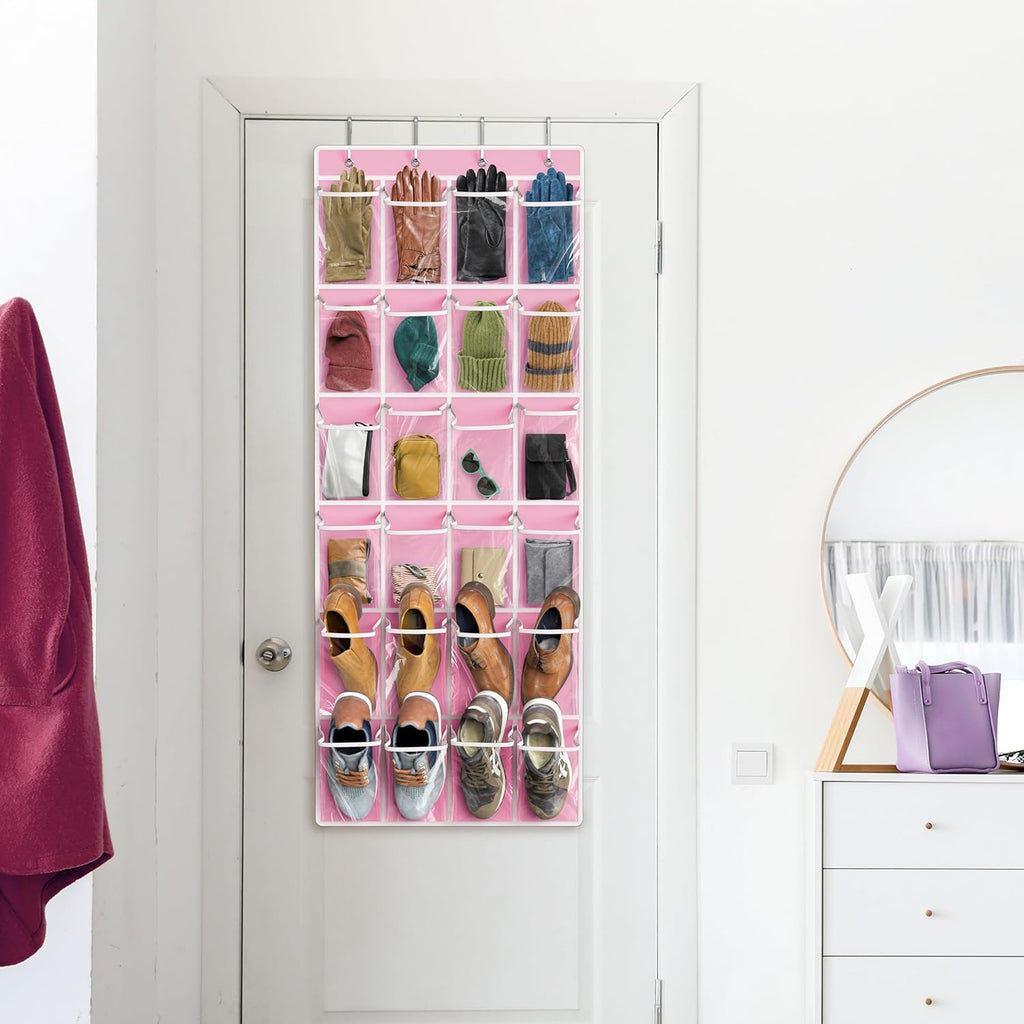 Simple Houseware Over The Door Hanging Shoe Organizer - 24 Clear Pockets, Pink (56" x 22.5")