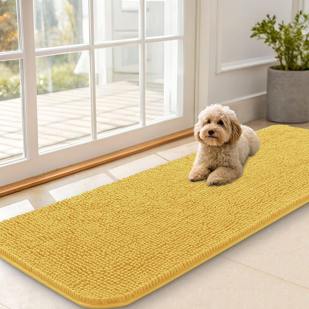 OLANLY Dog Door Mat - Absorbent Non-Slip Chenille Mat for Muddy Paws | 59x20 Inches, Quick Dry, Yellow