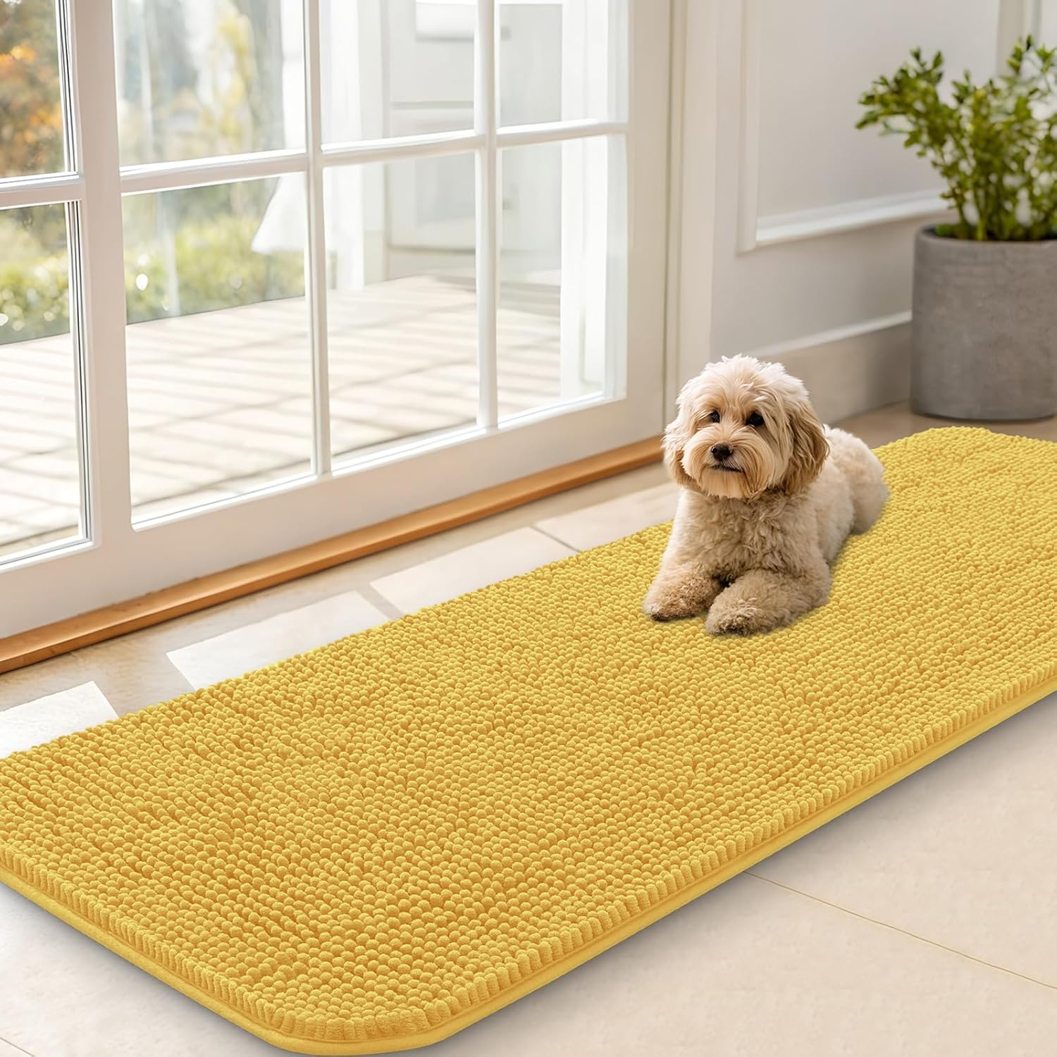 OLANLY Dog Door Mat - Absorbent Non-Slip Chenille Mat for Muddy Paws | 59x20 Inches, Quick Dry, Yellow