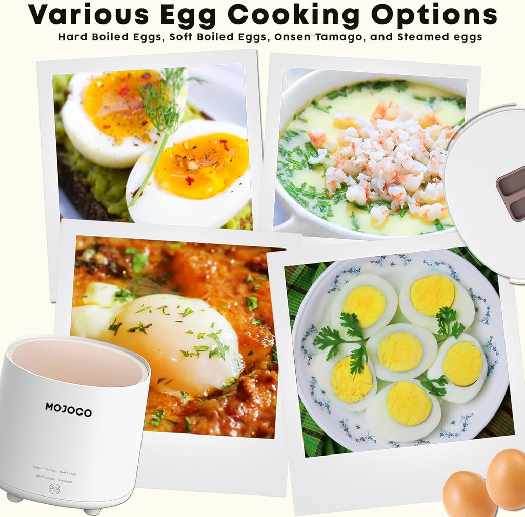 Mojoco Rapid Egg Cooker - Electric Mini Egg Maker for Steamed, Hard & Soft Boiled Eggs - Auto Shut Off & Alarm