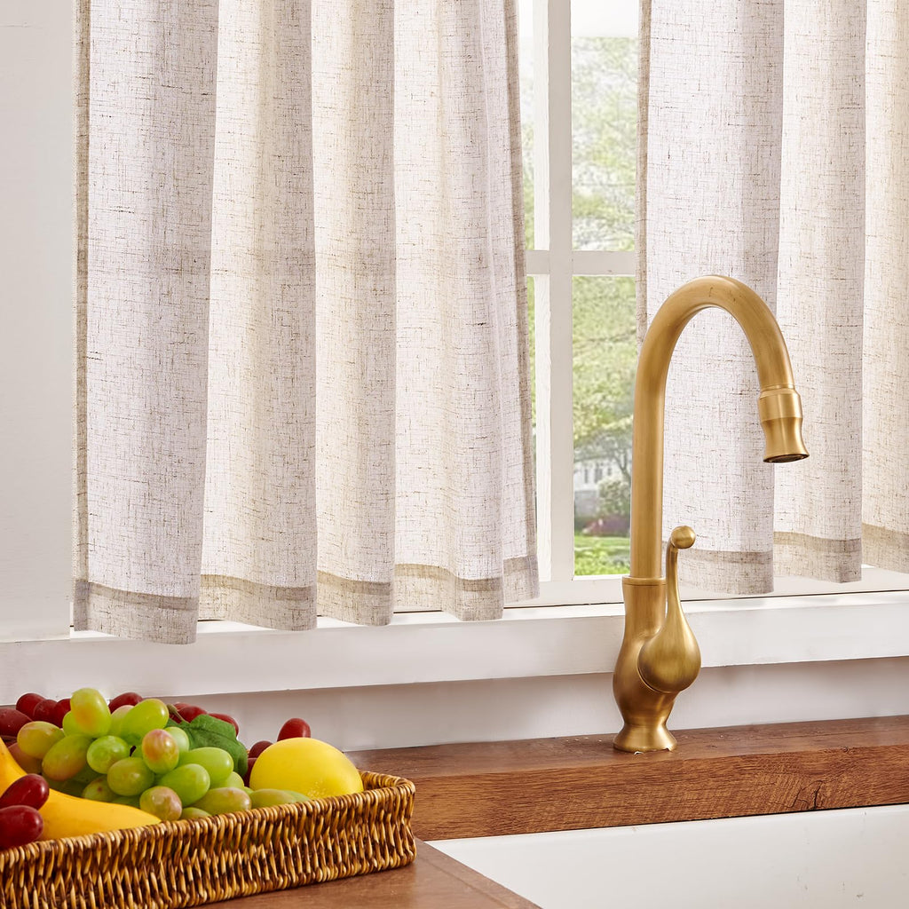 jinchan Linen Pinch Pleated Kitchen Curtains 30 Inch 2 Panels, Natural Linen Tier Curtains Back Tab Farmhouse Cafe, Light Filtering Small Window Drapes for Bathroom Laundry Room Beige