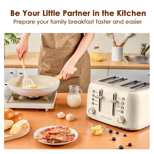 Roter Mond Toaster 4 Slice Retro Stainless Steel with Extra Wide Slots Bagel, Defrost, Reheat Function, Dual Independent Control Panel, Removable Crumb Tray, 6 Browning Levels, Cream White