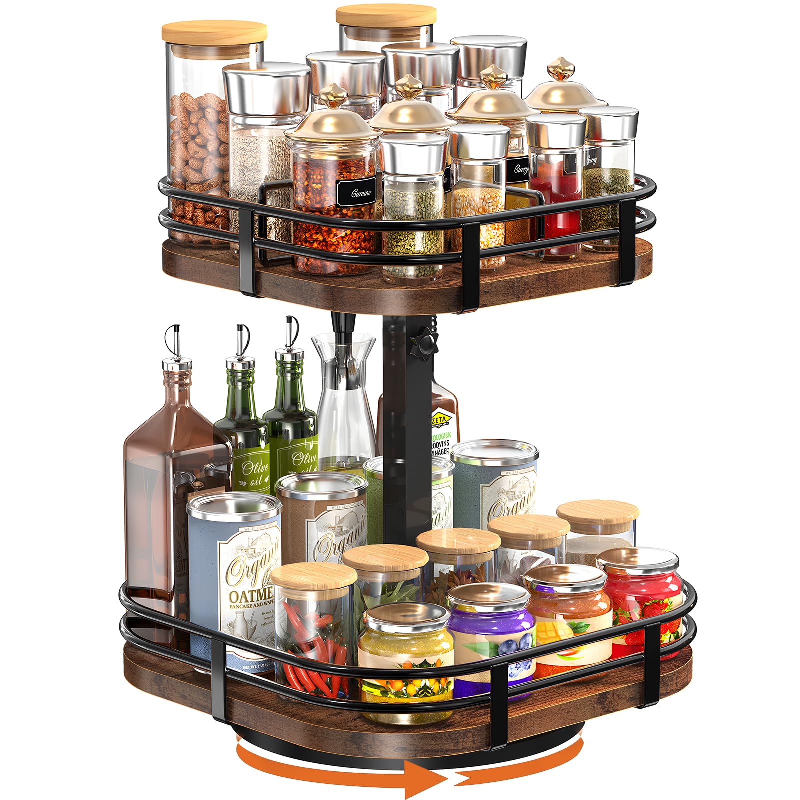 12" Large Lazy Susan Turntable Organizer Adjustable - Rotating Spice Rack for Table Top, 2 Tier Wood Spice Cabinet Organizer for Pantry Kitchen Countertop Coffee Bar Cupboard Bathroom Vanity Storage