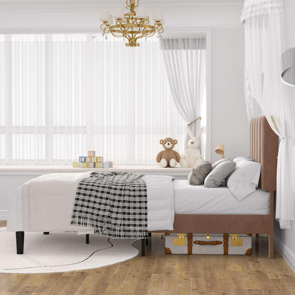 VECELO Twin Size Bed Frame with Upholstered Headboard, Velvet Platform Bedframe Mattress Foundation, Strong Wood Slat Support, No Box Spring Needed,Warm Brown