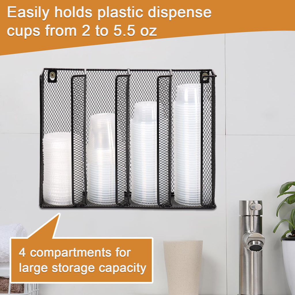 Wall Mount Portion Sauce Cup Lid Organizer 4 Compartments Iron Sauce Cup Dispenser Black Cup and Lid Holder Organizer Fits Cups Size 2 to 5.5 oz For Kitchen Counter Restaurant Coffee Bar 13x10x3.3 In