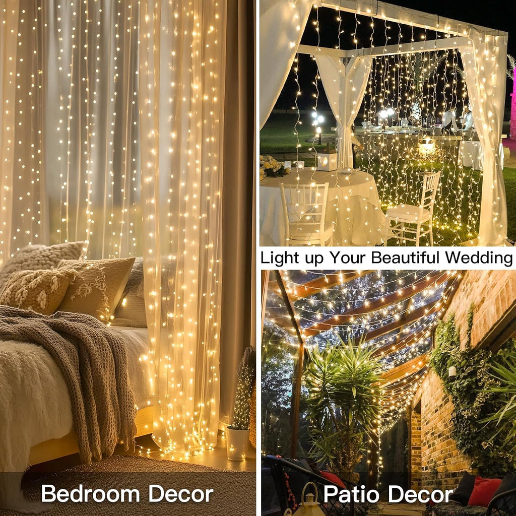 Suddus Curtain Lights - 300 LED Warm White String Lights for Bedroom | 9.8x9.8ft Backdrop Decor