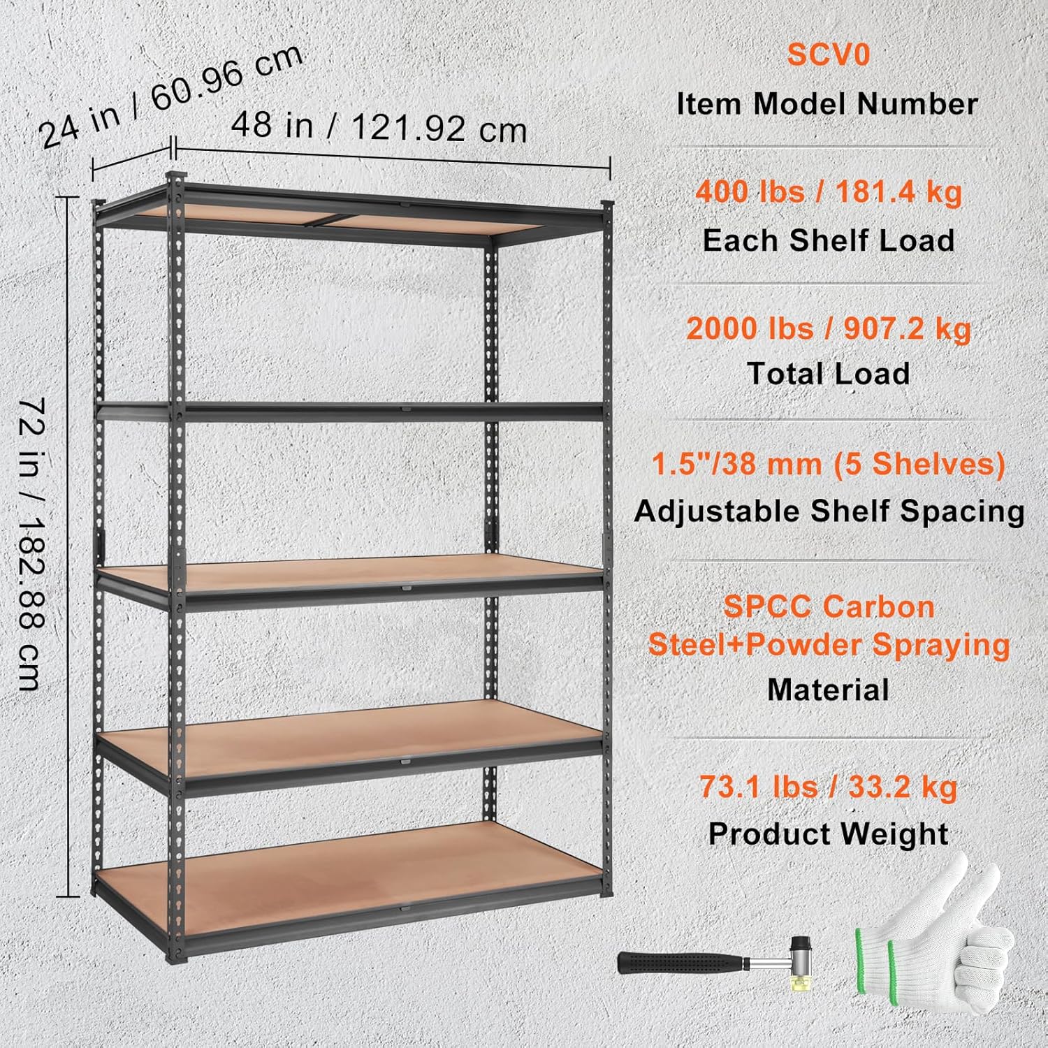 VEVOR 5-Tier Adjustable Storage Shelving Unit - Heavy Duty Metal Shelves for Garage, Kitchen, Pantry | 48" L x 24" W x 72" H