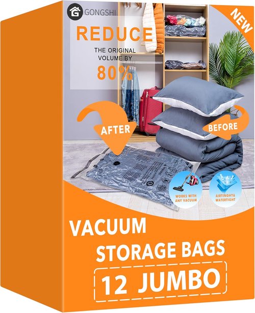 GONGSHI Vacuum Storage Bags - Jumbo Space Saver Seal Bags for Clothing & Bedding | 12 Pack