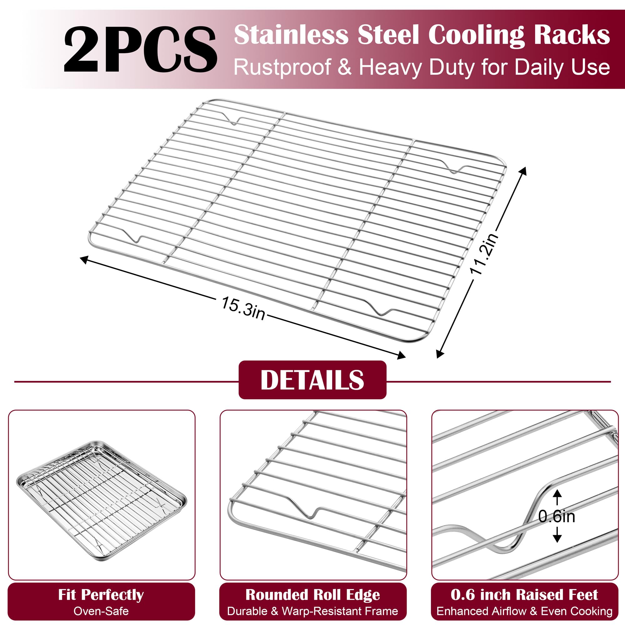 E-far Baking Sheet with Wire Rack (2 Pans + 2 Racks), Stainless Steel Cookie Sheets Pan & Cooling Rack for Baking Cookies/Jelly Rolls, Non Toxic & Heavy Duty, Oven & Dishwasher Safe, 16 x 12 x 1 Inch