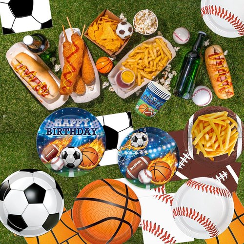 191 PCS Sports Birthday Party Decorations Includes Plates, Napkins, Cups, Knives, Forks, Banner, Cake & Cupcake Toppers, Tablecloth for Sports Themed Party Decorations, Serves 24