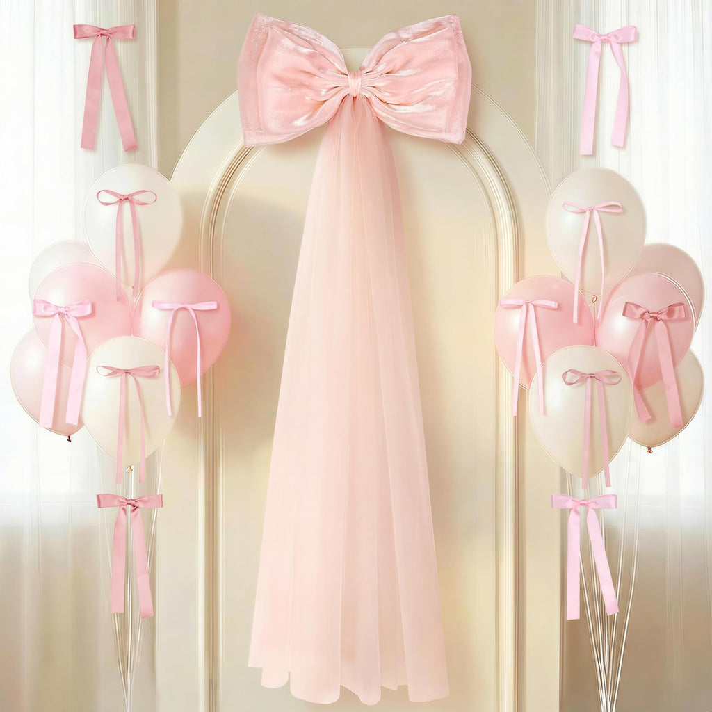 Skiennix 13Pcs Large Pink Pearl Silk Satin Bow Set - 17x55 Inch Giant Bow & 12 Small Satin Bows for DIY Decor