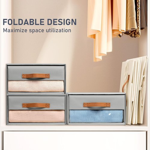 DIMJ Closet Organizers - Foldable Fabric Bins with Clear Window, Stackable Storage Drawers, 4-Pack, Grey