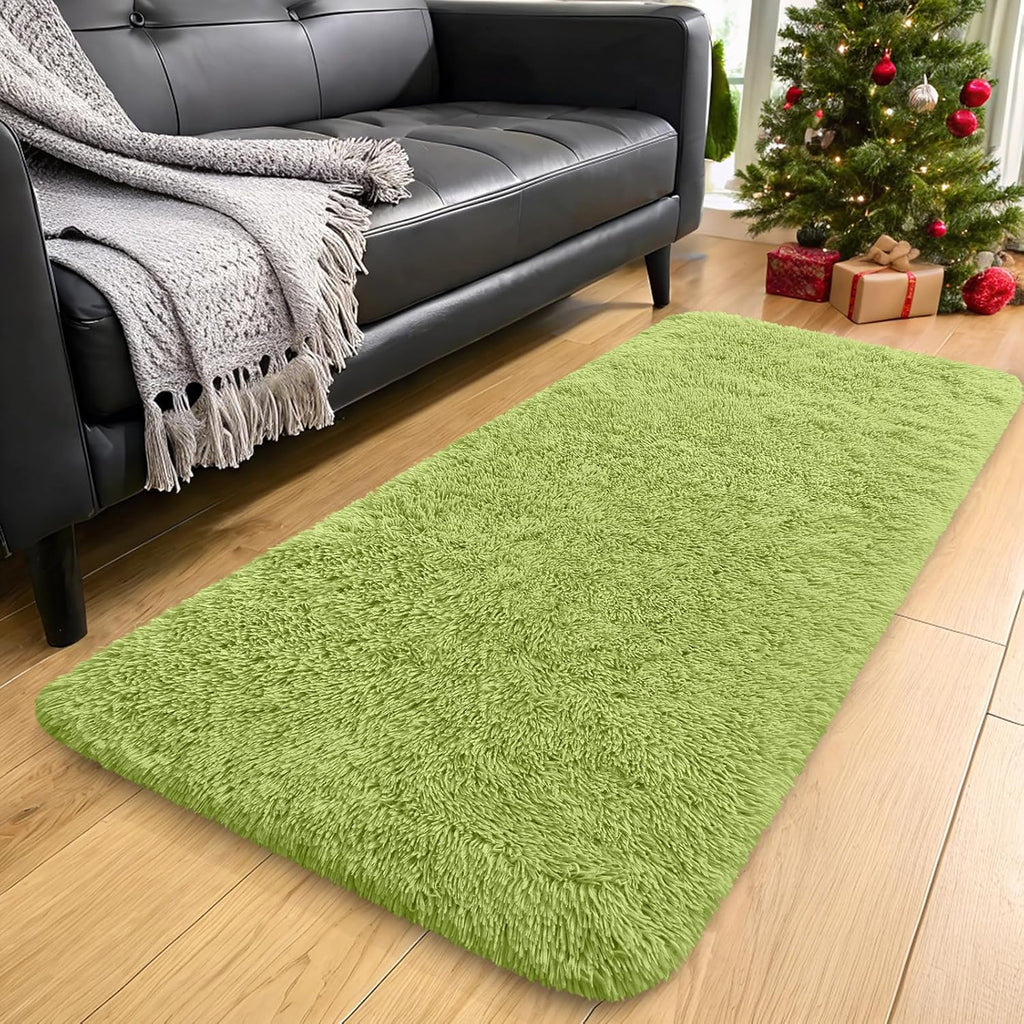 OLANLY 2x4 Machine Washable Runner Rug - Soft Fluffy Shaggy Design for Bedroom & Hallway | Grass Green
