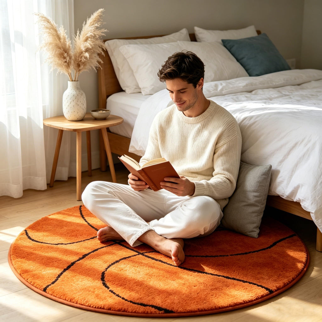 Fancytan Round Basketball Rug for Boys Bedroom, Washable Sports Round Rug for Kids Room, Basketball Room Decor, Orange (‌2'8", Round)