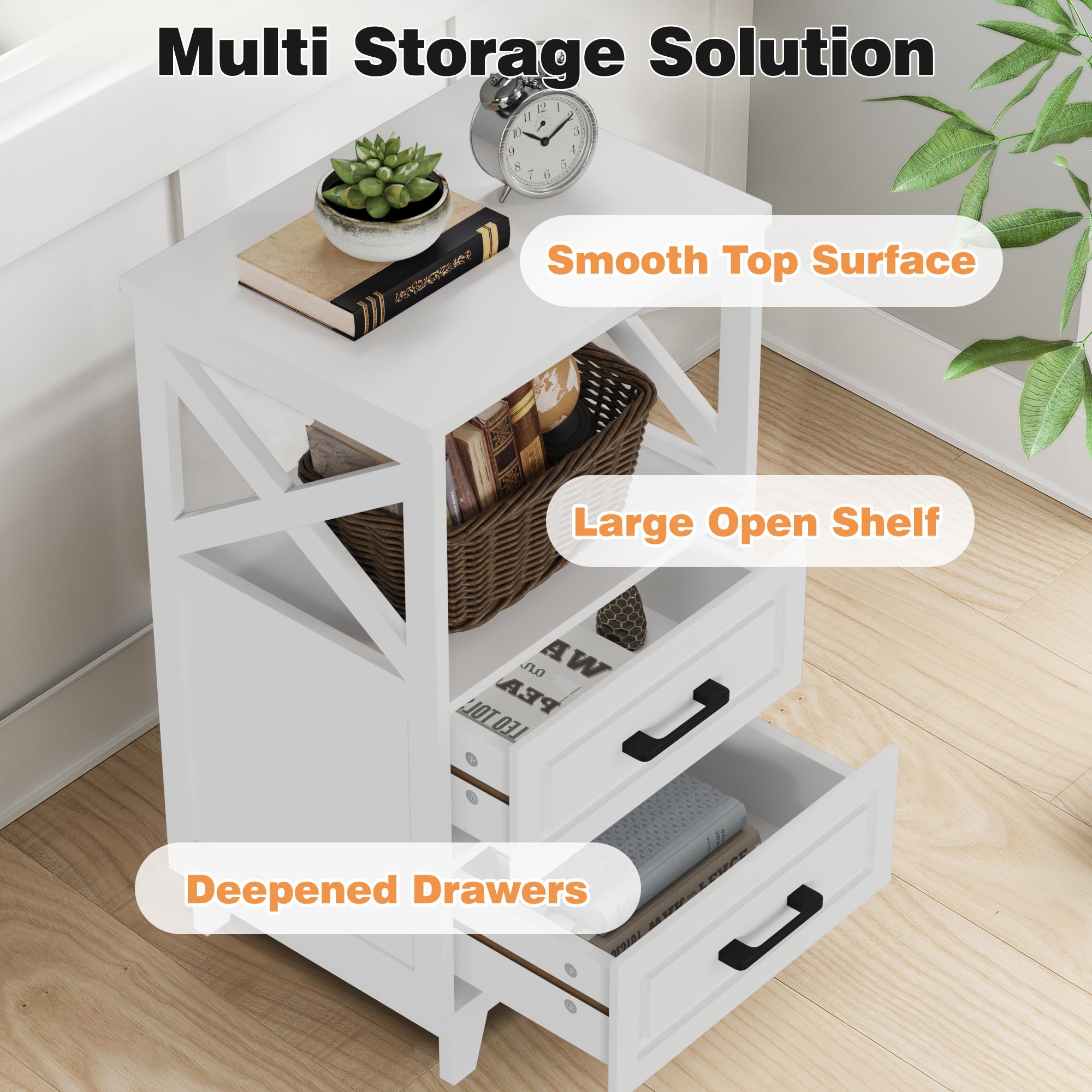 May in Color White Nightstand Set of 2, Tall Side Table, Farmhouse End Table with 2 Large Storage Drawers Cabinet, Wooden Rustic Bedside End Table for Bedroom, Home Office, White
