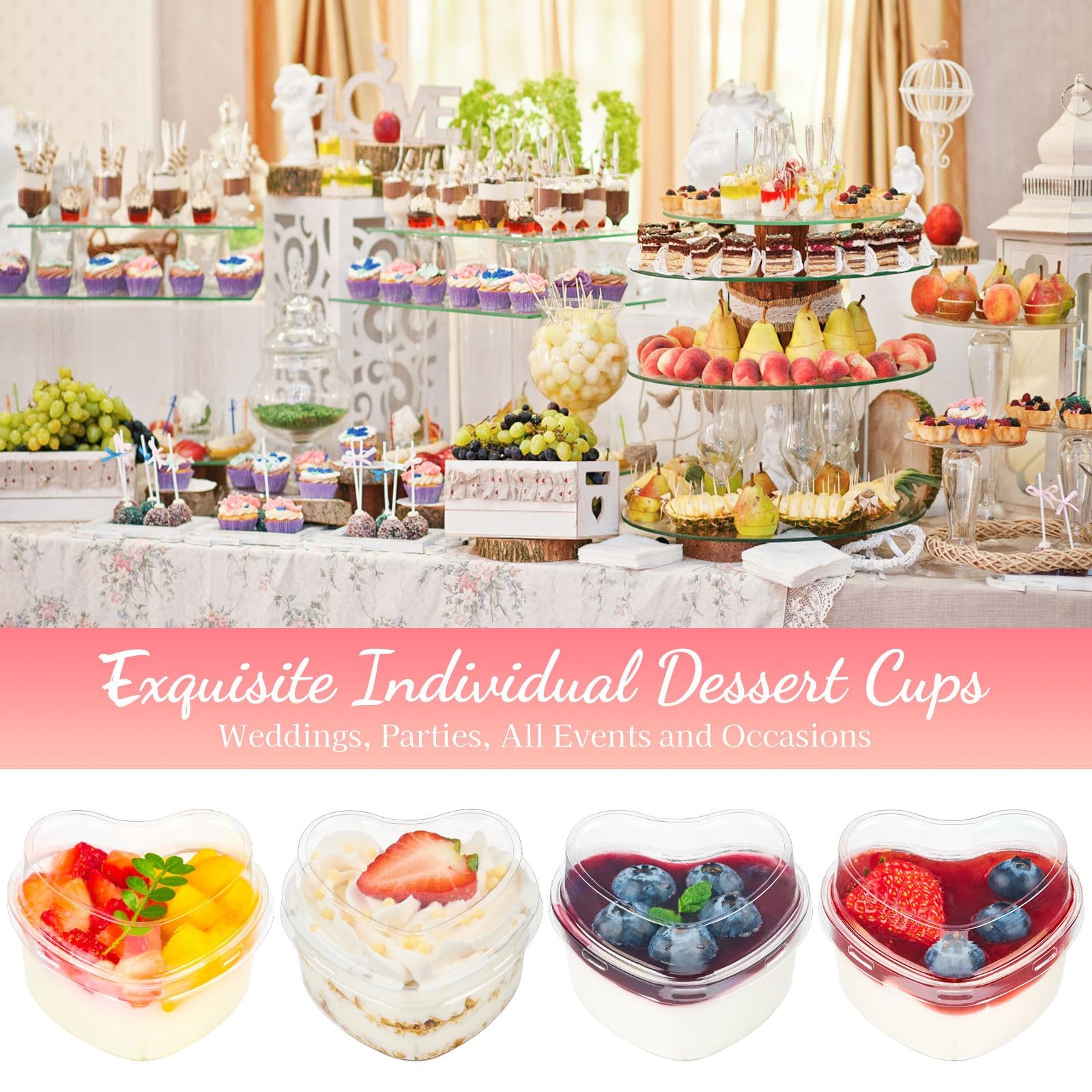 TOFLEN 5 oz Heart Shaped Dessert Cups with Lids and Spoons 300 Pcs | Serves 100 | Mini Plastic Dessert Shooter Cups for Parfait, Cheesecake, Mousse, Appetizers, Jello Shot and Puddings