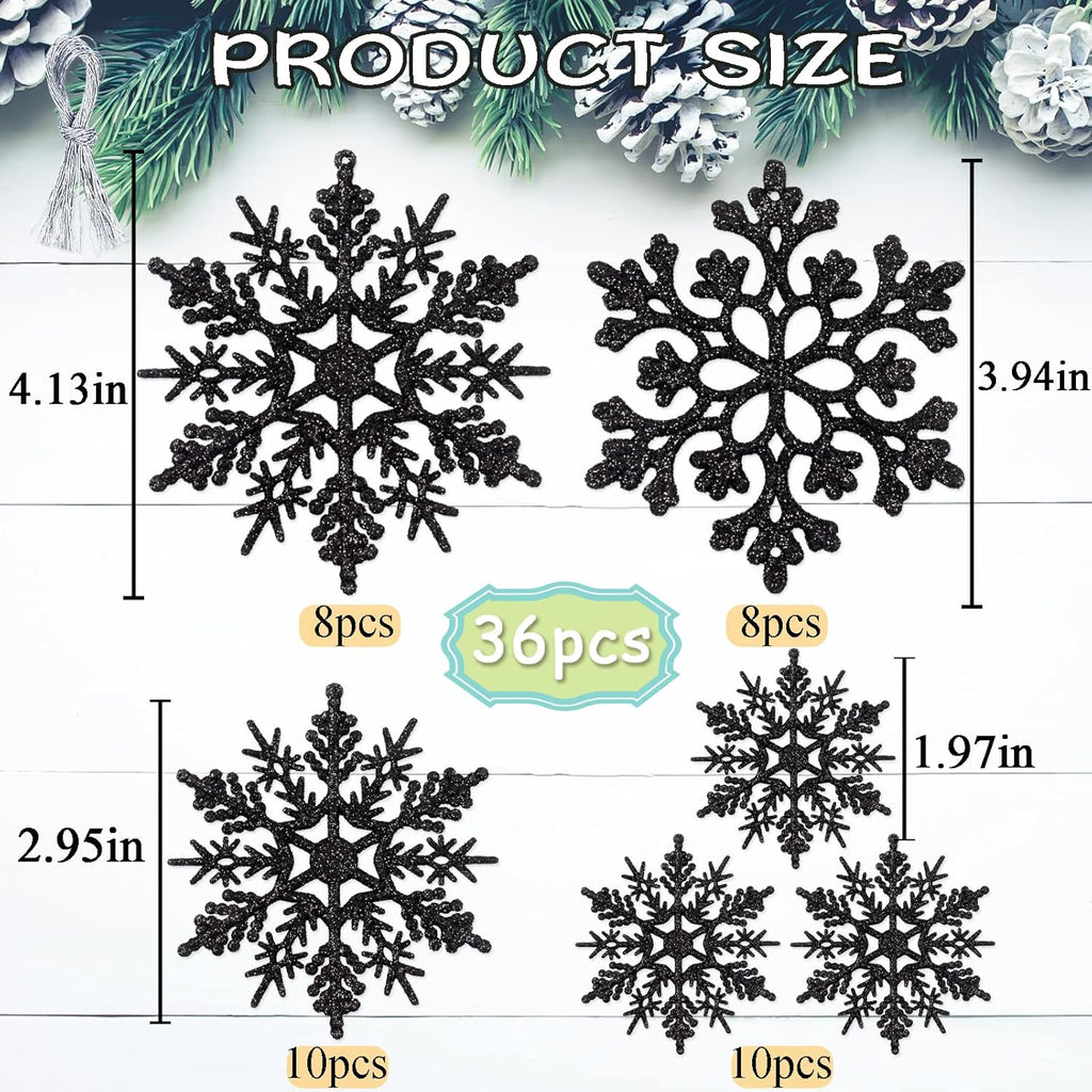 Skiennix 36-Piece Black Christmas Snowflake Ornaments - Glittery Plastic Decor for Holiday Trees & Parties
