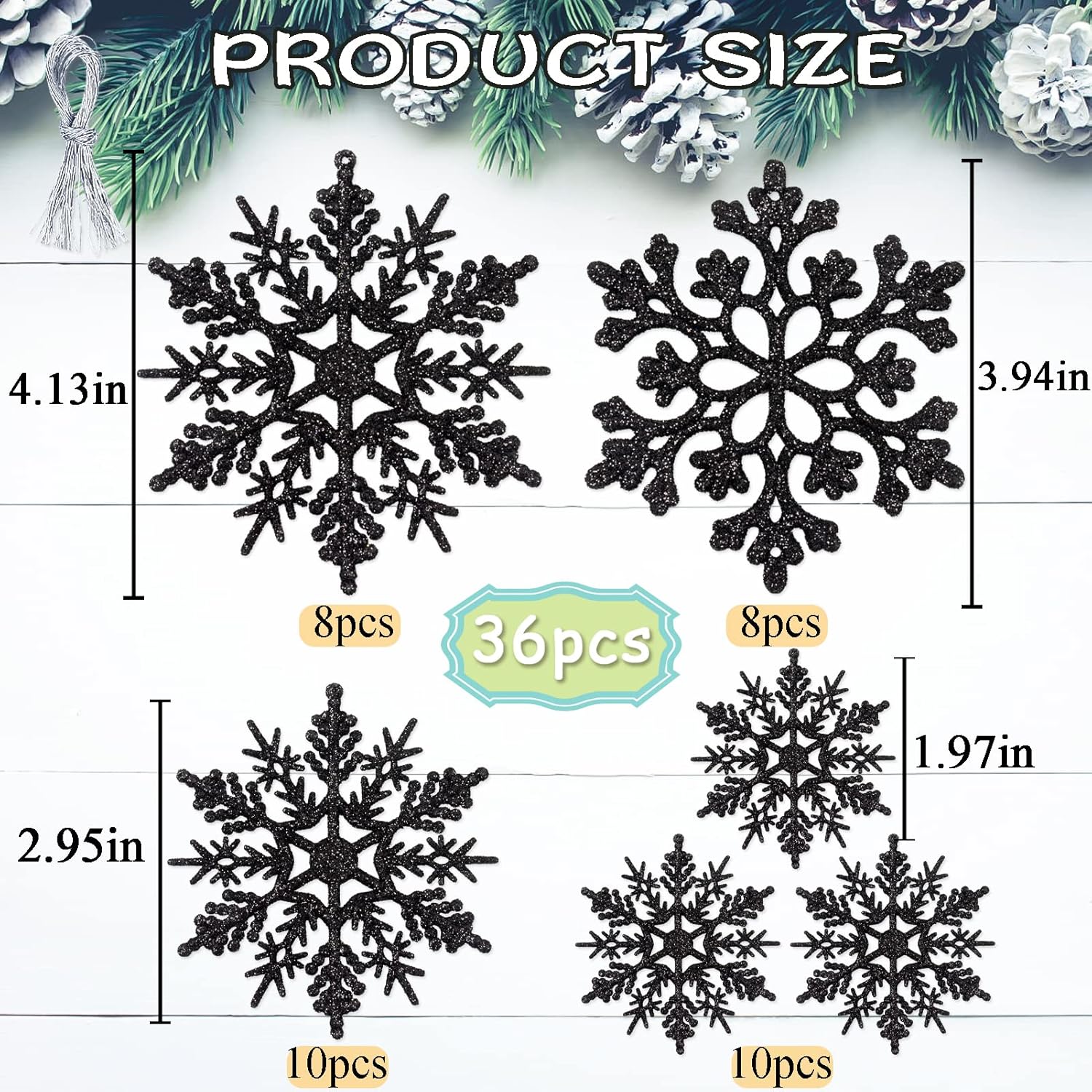 Skiennix 36-Piece Black Christmas Snowflake Ornaments - Glittery Plastic Decor for Holiday Trees & Parties