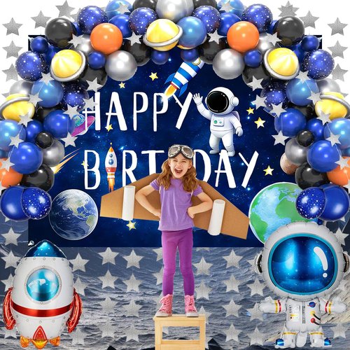 96pcs Outer Space Astronaut Party Decorations - Galaxy Themed Party Supplies ：Happy Birthday Backdrop, Tablecloth, Star Garland,Multi-color Balloons and Rocket ，astronaut Balloons.