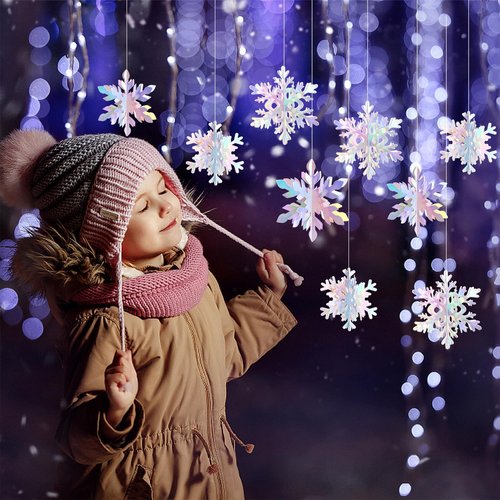 Hugtmr Iridescent Holographic Snowflake Garland | 12Pcs 3D Winter Wonderland Decorations for Christmas & Parties