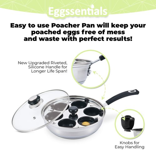 Eggssentials Poached Egg Maker Stainless Steel Egg Poacher Pan Food Grade Safe PFOA Free with Spatula