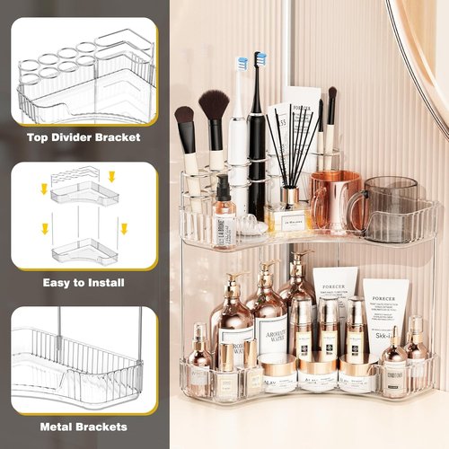 Asayuee 2-Tier Corner Bathroom Organizer - Large Makeup & Skincare Storage | Clear Design