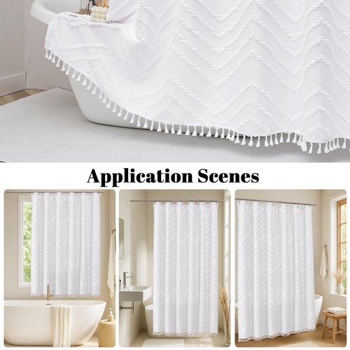 OWENIE Boho Shower Curtain, White Fabric Cloth Shower Curtains Farmhouse Tufted Chevron Striped Textured with Tassel for Bathroom, Soft Hotel Style Modern Minimalist, Machine Washable, 72x72, White
