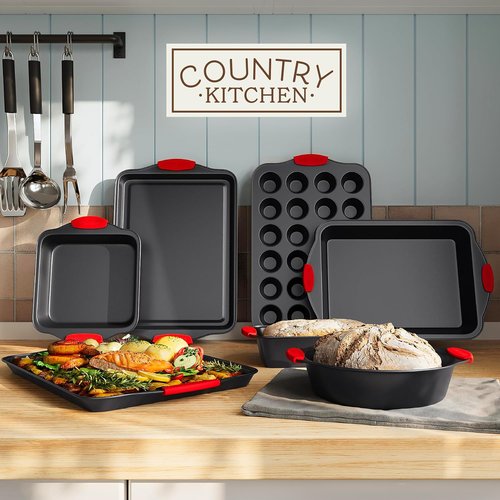 Country Kitchen Nonstick Bakeware Set - Durable & Easy Release, 10-Piece Red Stackable Collection