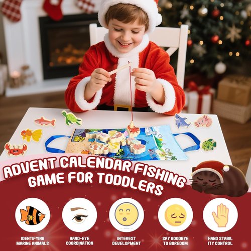 Fishing Advent Calendar 2026 - 24-Day Christmas Countdown for Kids | Wooden Marine Fish Learning Game