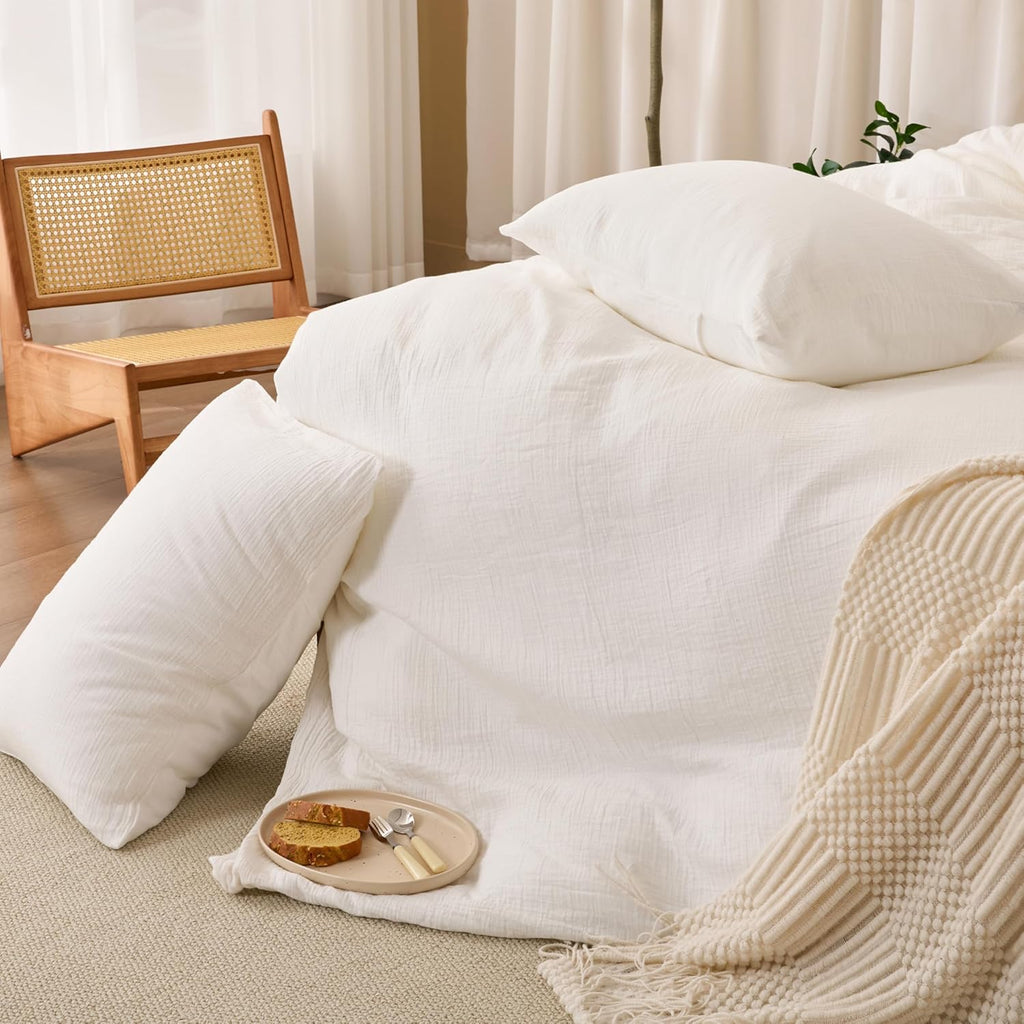 Skiennix Off White Duvet Cover Set - 100% Sandwashed Cotton, Soft & Cozy | Queen Size 90 x 90 Inches