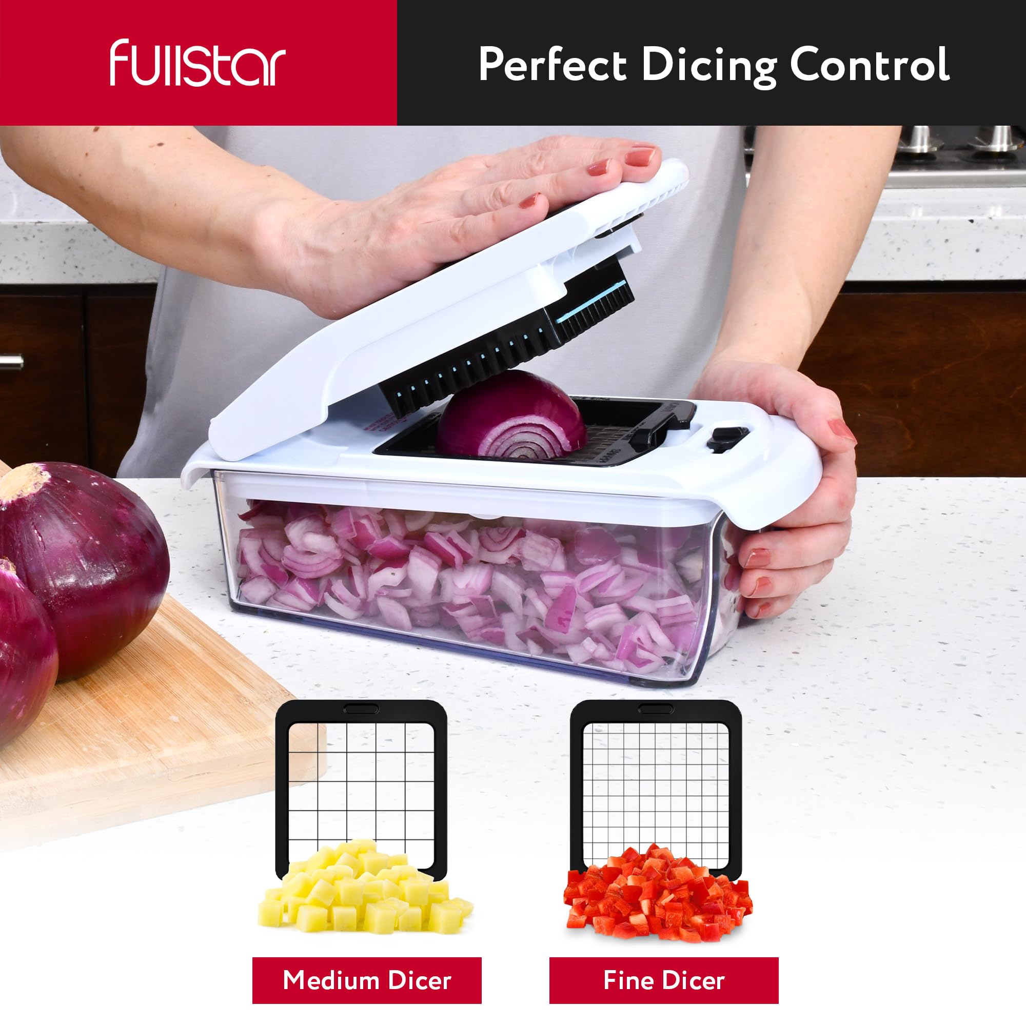 Fullstar Mandoline Slicer for Kitchen - Vegetable Chopper, Onion Potato Food Veggie Fruit Slicer and Cutter with Container, Kitchen Gadgets & Gifts, Home Essentials (All-in-1, White/Black)