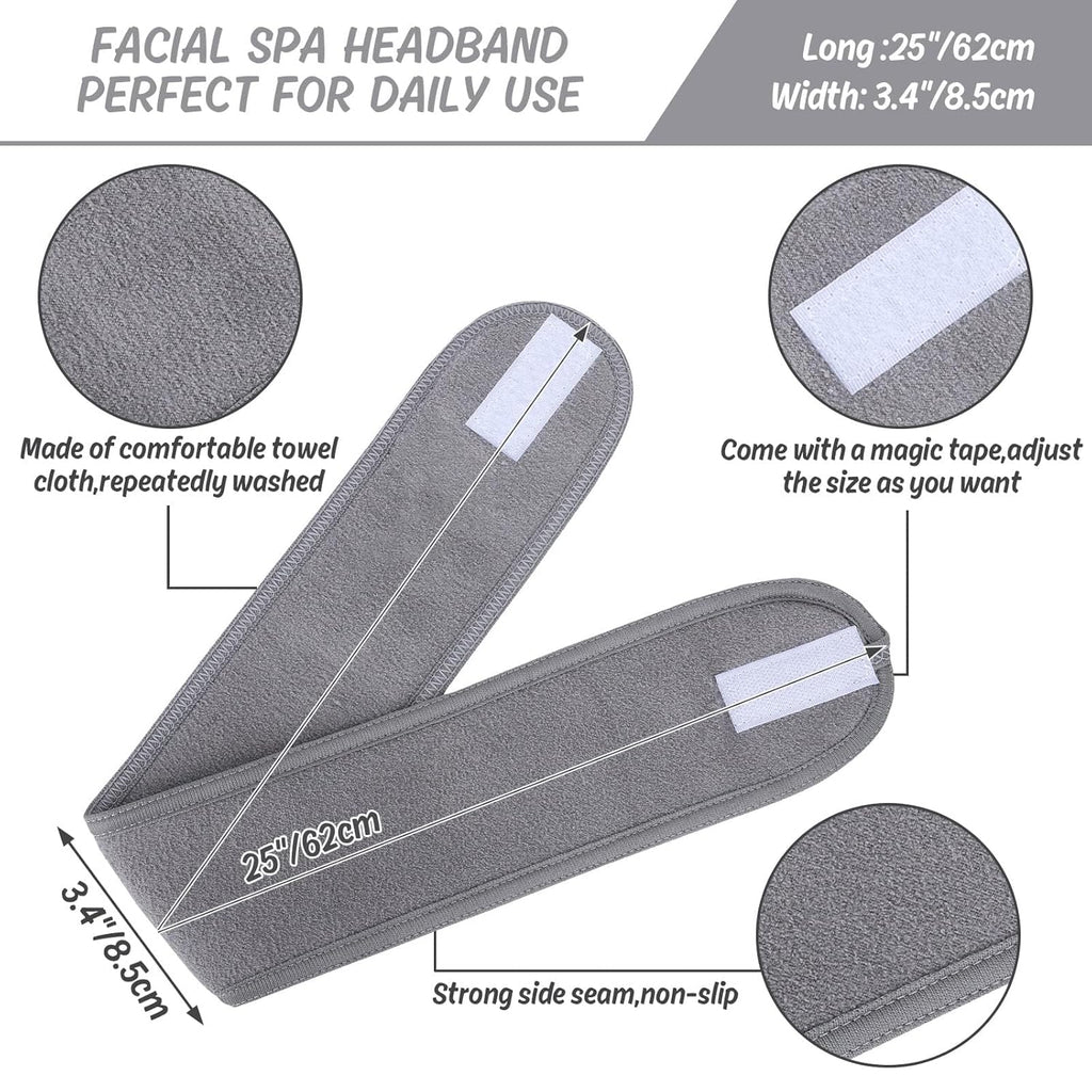 Whaline Spa Facial Headband Set - Adjustable Terry Cloth Wraps for Skincare & Makeup | 3 Pcs (White, Black, Gray)