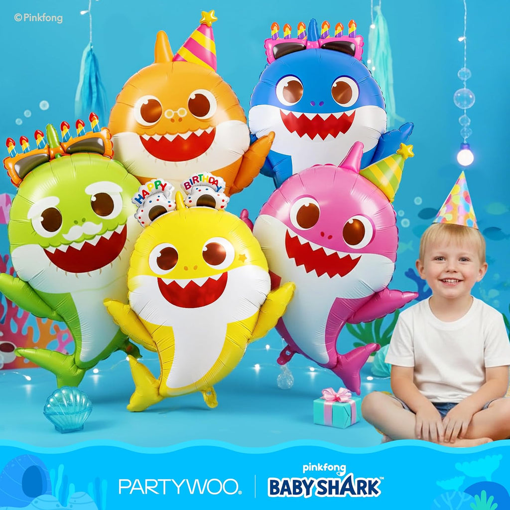 PartyWoo Baby Shark Family Foil Balloons - 5pcs Mylar Helium Birthday Decorations | 36-34-32 Inch Ocean Theme