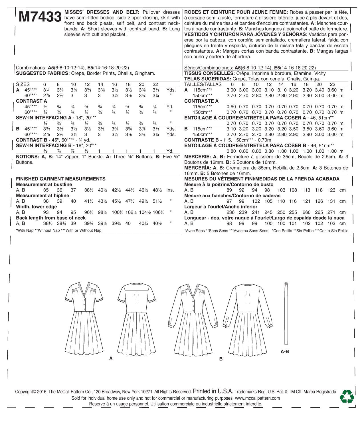 McCall's Patterns Misses' Inverted Notch-Collar Shirtdresses and Belt