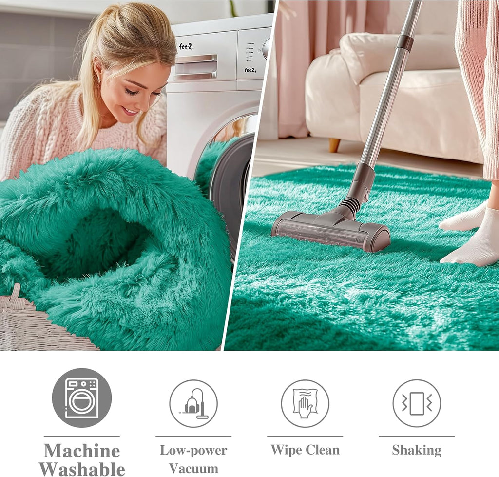 OLANLY Teal Green Round Rug - Soft, Fluffy Shaggy Carpet | 9 ft Machine Washable Area Rug for Bedroom & Living Room Decor