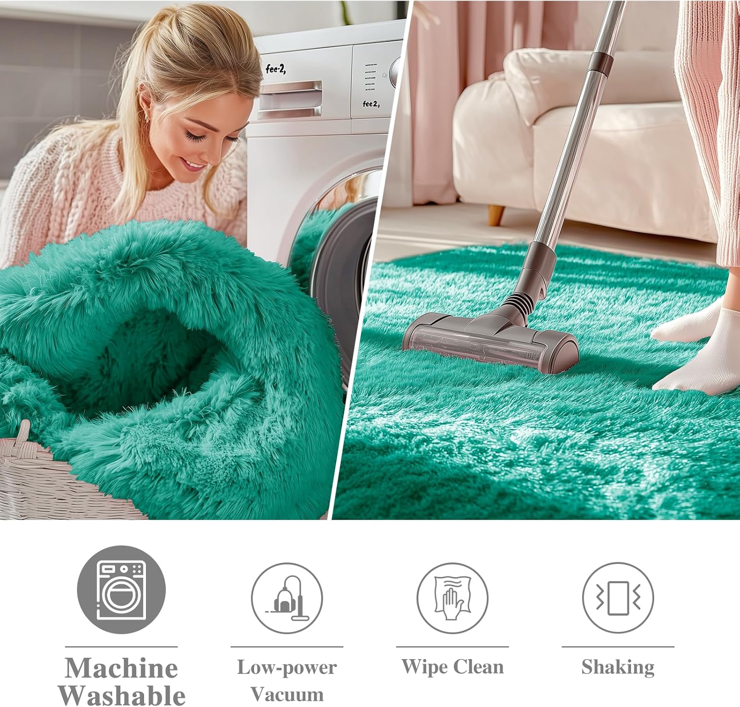 OLANLY Teal Green Round Rug - Soft, Fluffy Shaggy Carpet | 9 ft Machine Washable Area Rug for Bedroom & Living Room Decor