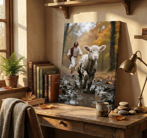 Jesus Canvas Wall Art - Good Shepherd Artwork Featuring Lost Lamb | Christian Decor for Home & Church