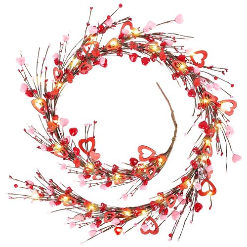 6.5 Ft Valentine's Day Garland Red Pink White Berry Heart Garland with LED Lights Artificial Vine for Valentines Wedding Anniversary Fireplace Mantel Table Home Wall Indoor Party Decor